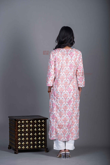 Saanjh Cotton Hand Printed Straight Kurti With Handwork - peach-orange