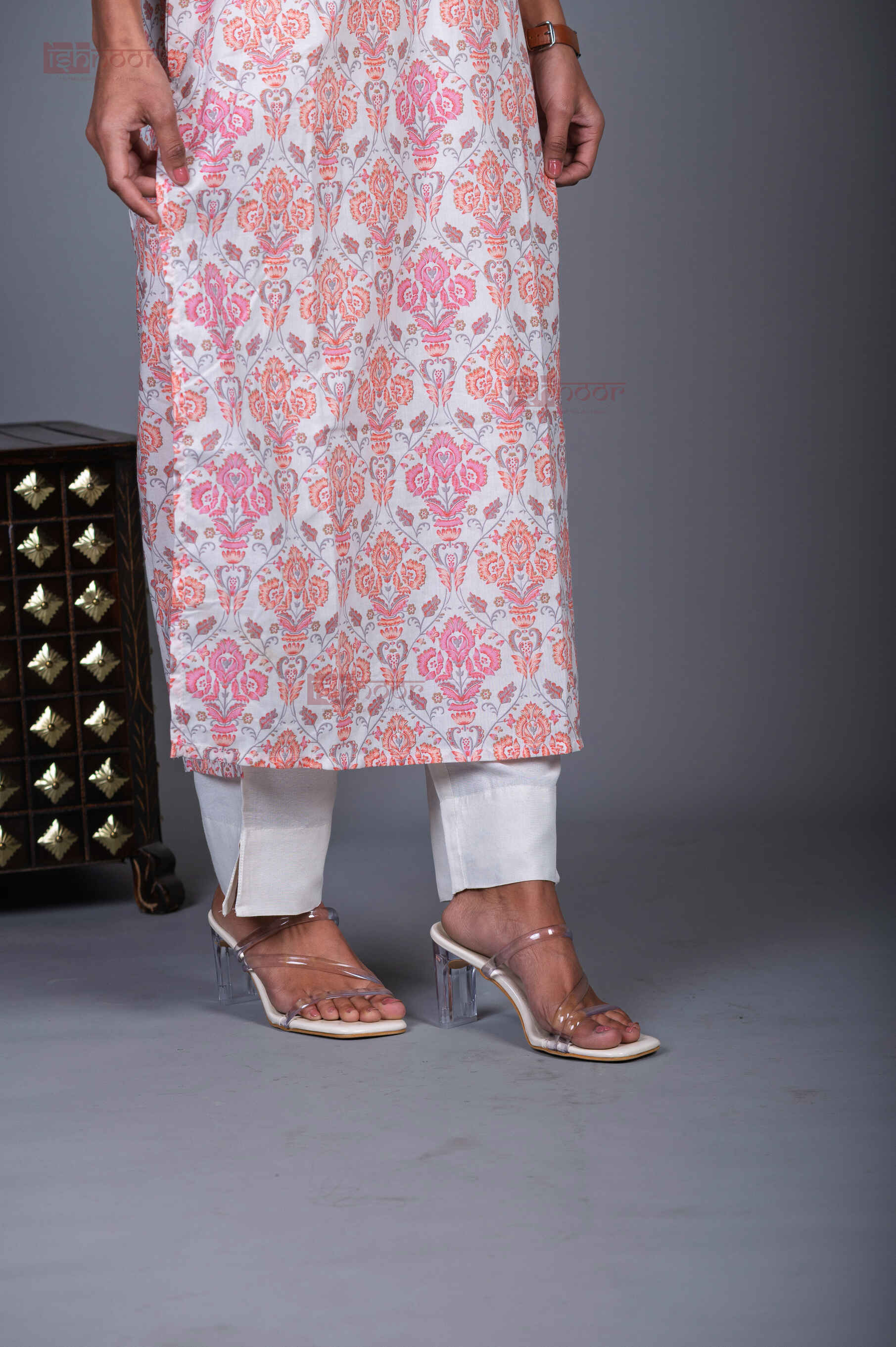 Saanjh Cotton Hand Printed Straight Kurti With Handwork - peach-orange