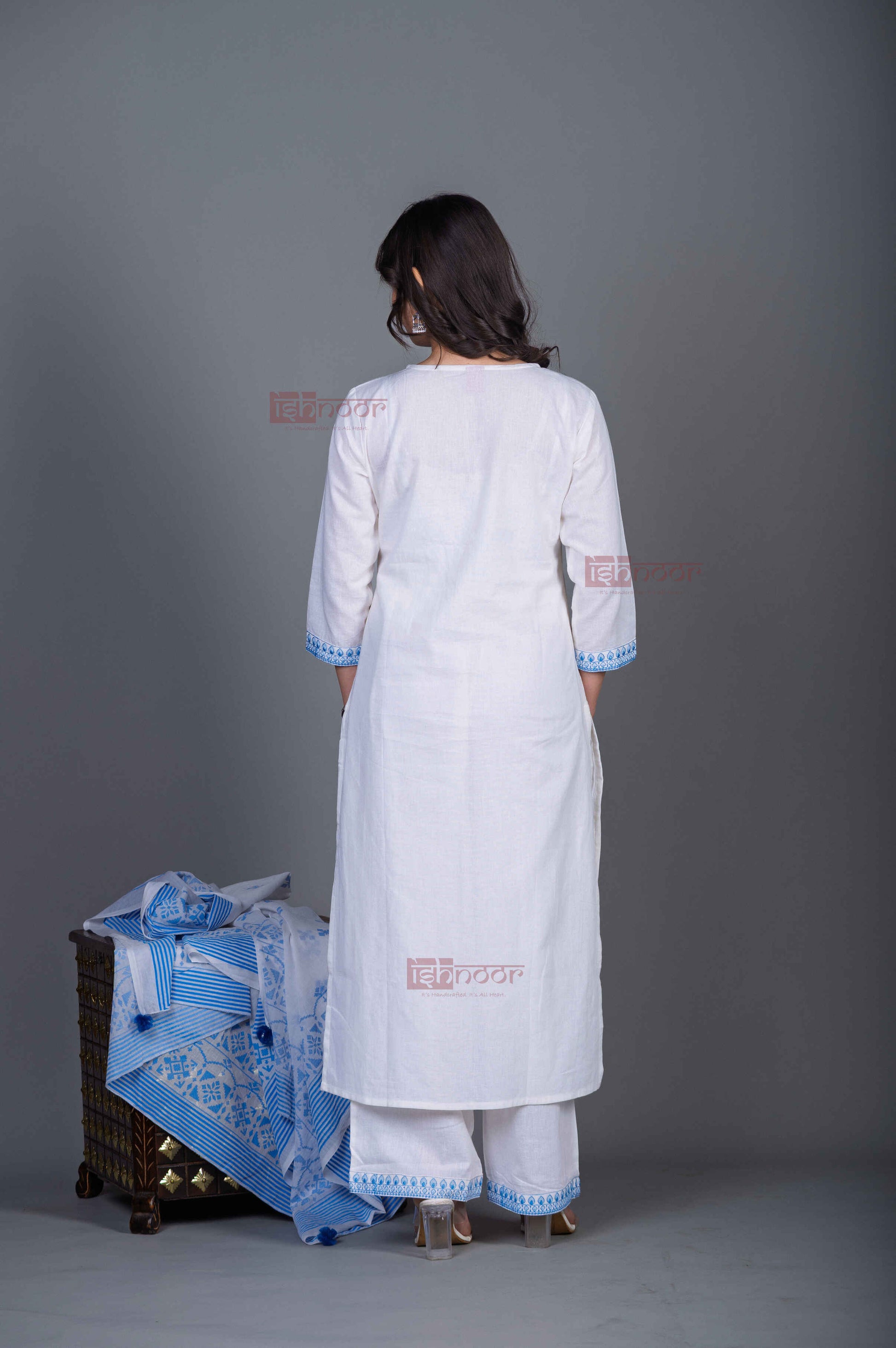 Saanjh 3 Piece Stitched Suit Set with Dupatta - white