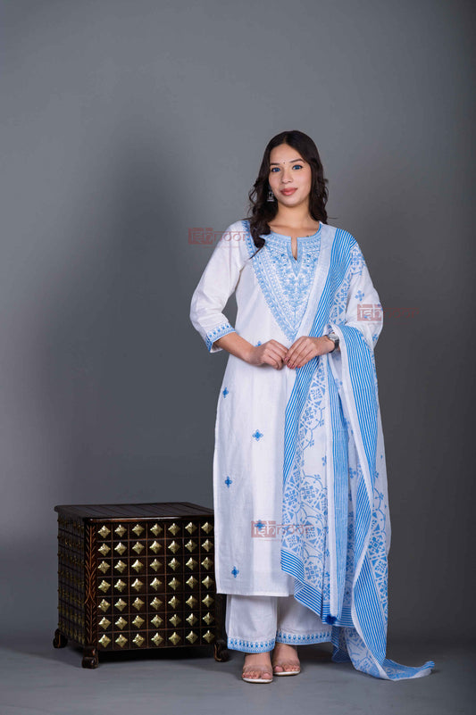 Saanjh 3 Piece Stitched Suit Set with Dupatta - white