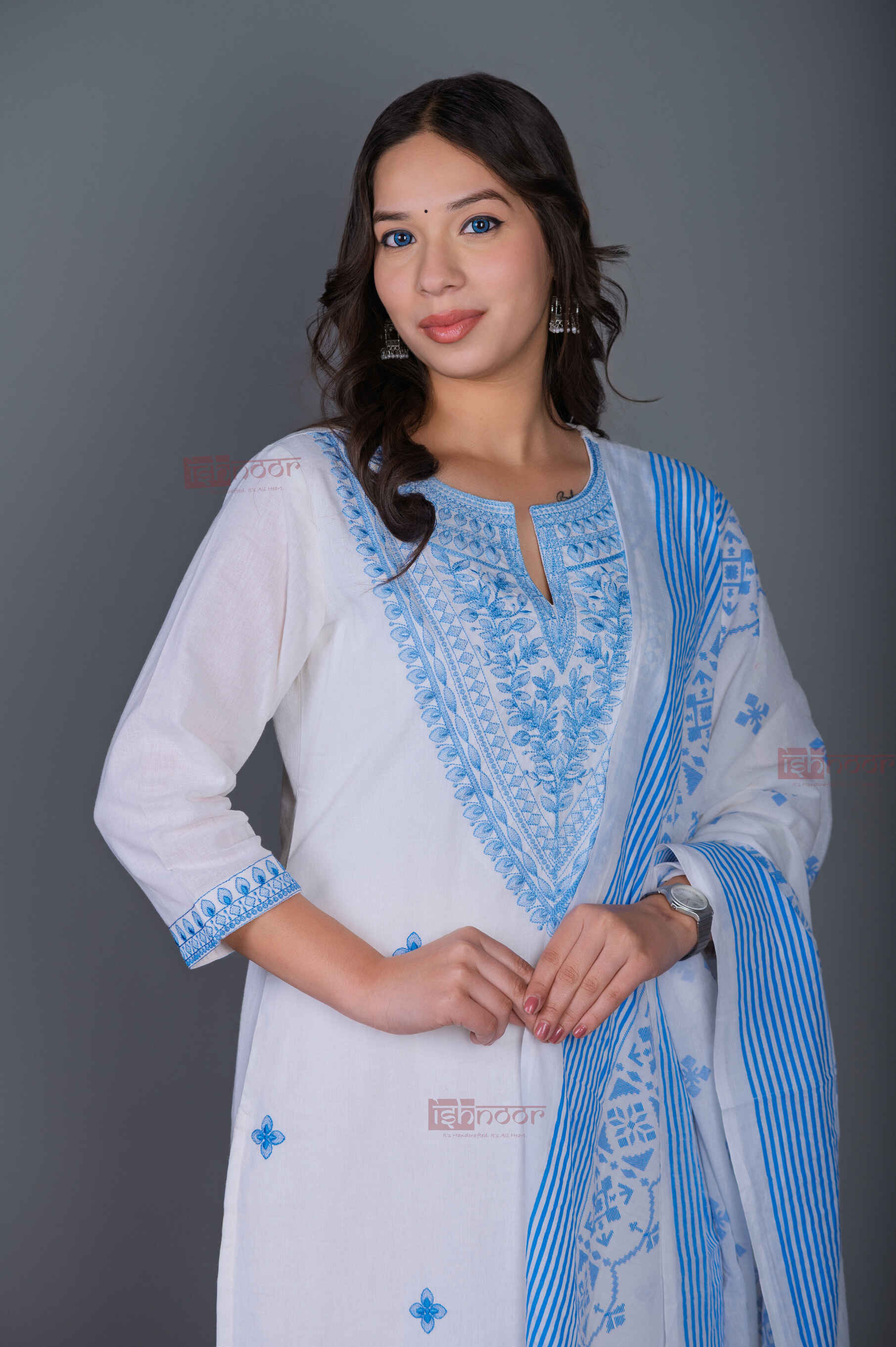 Saanjh 3 Piece Stitched Suit Set with Dupatta - white