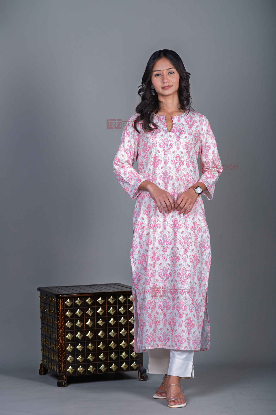 Saanjh Cotton Hand Printed Straight Kurti With Handwork - blush-pink