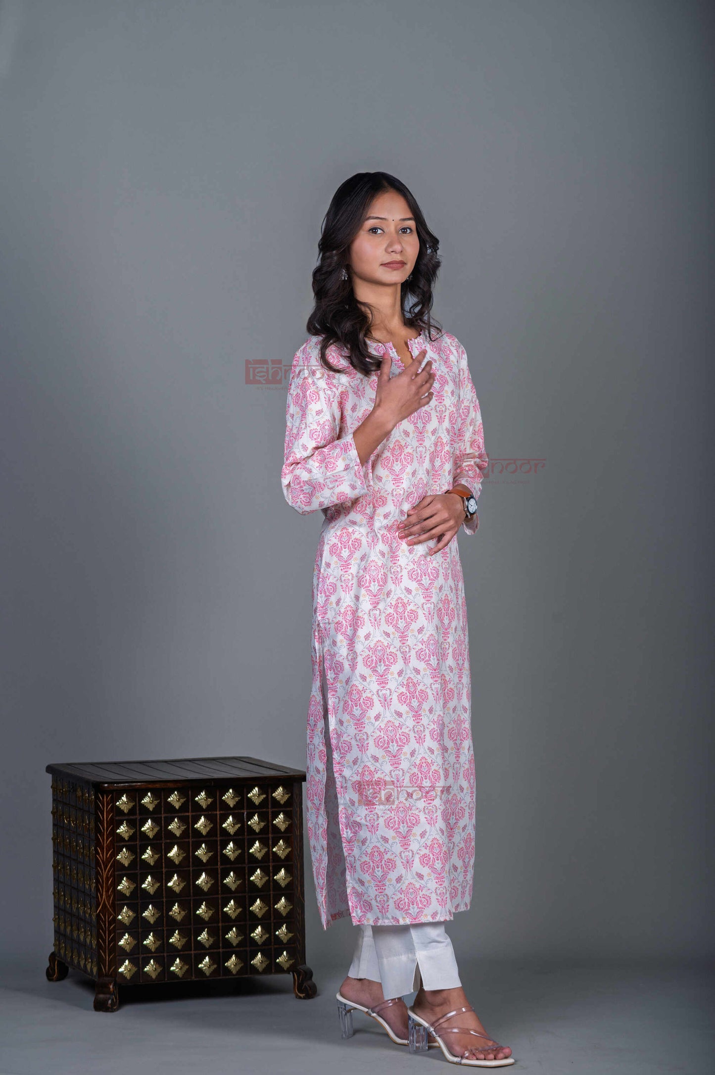 Saanjh Cotton Hand Printed Straight Kurti With Handwork - blush-pink
