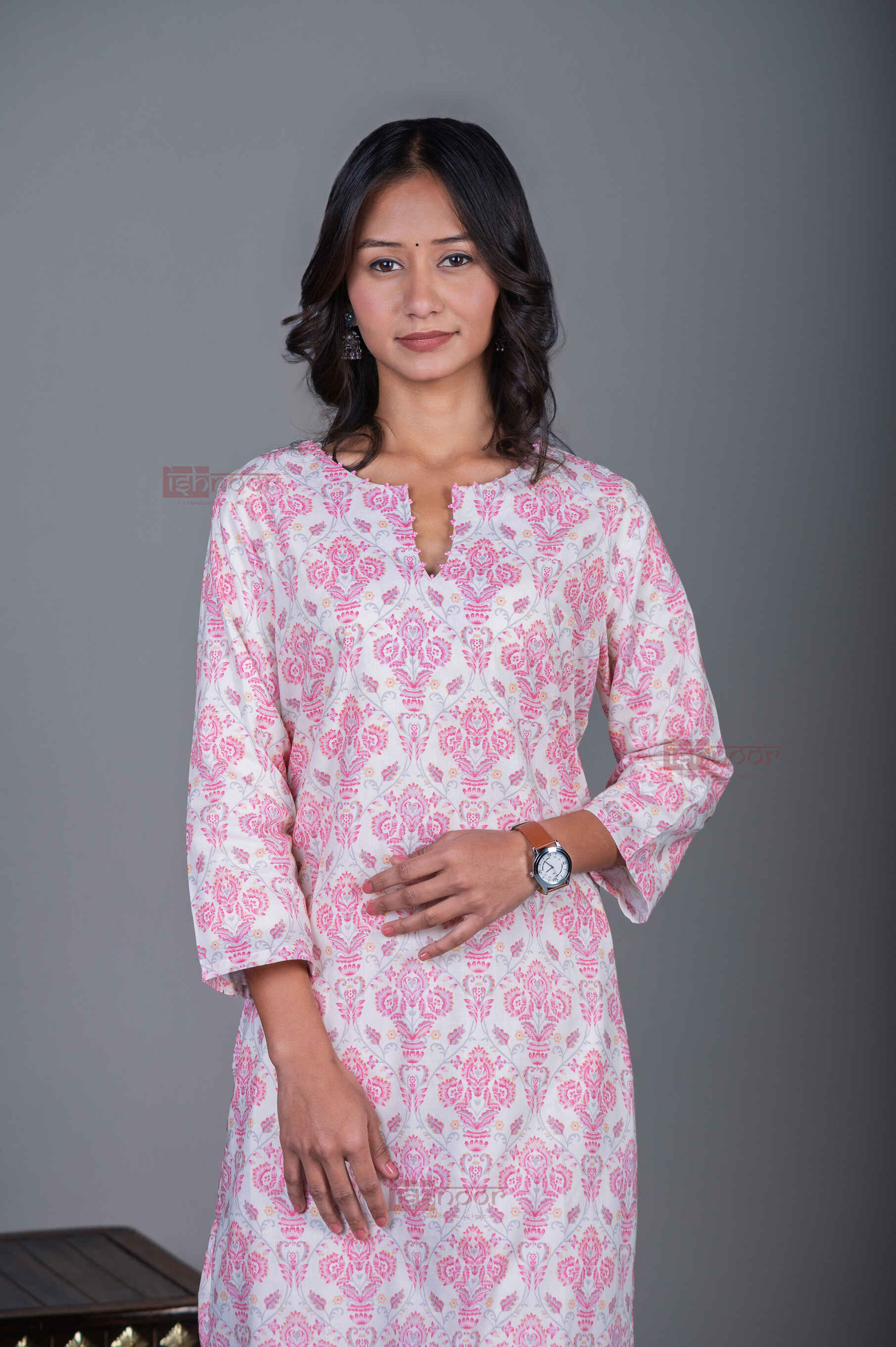Saanjh Cotton Hand Printed Straight Kurti With Handwork - blush-pink
