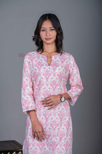 Saanjh Cotton Hand Printed Straight Kurti With Handwork - blush-pink