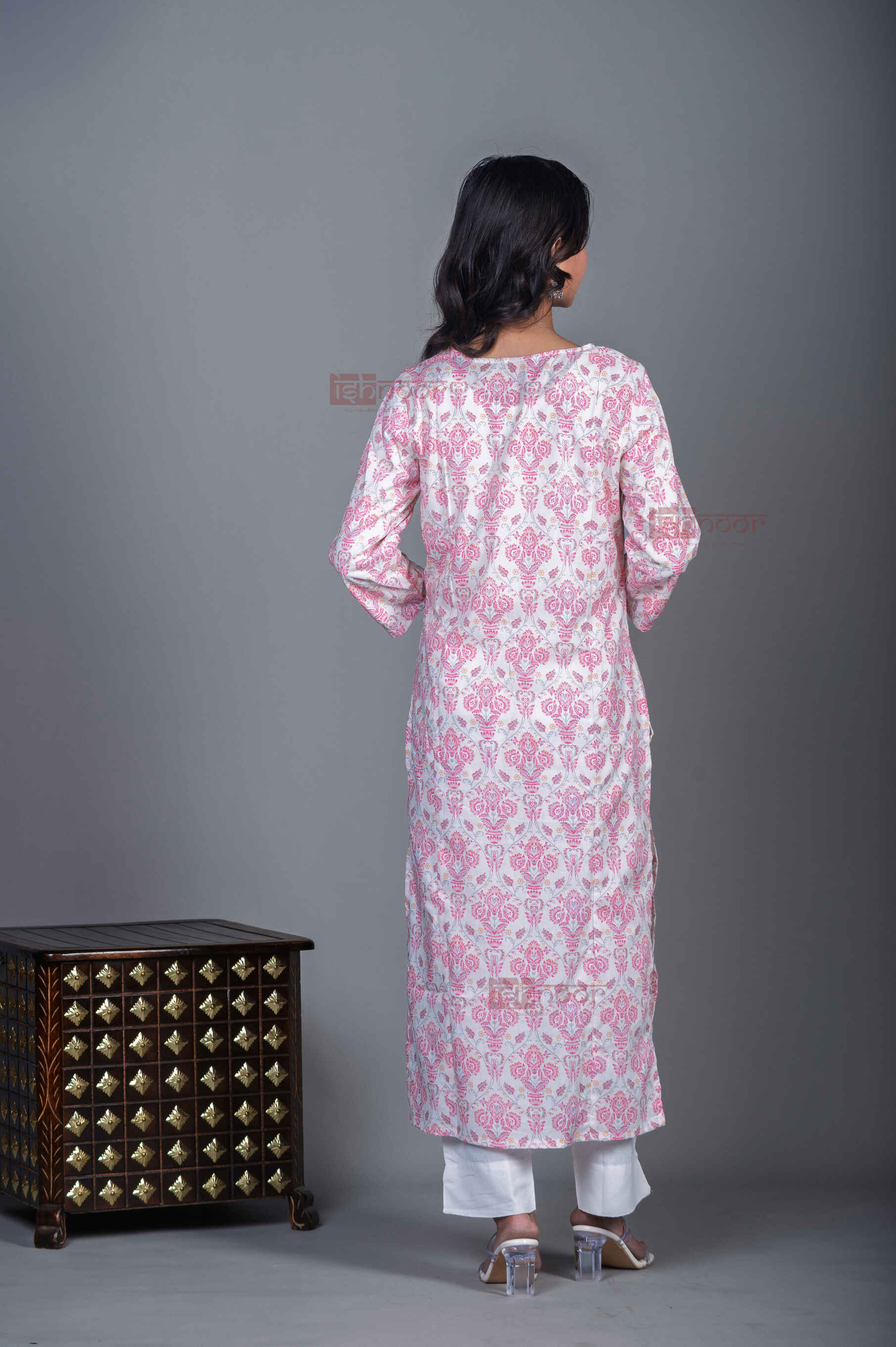 Saanjh Cotton Hand Printed Straight Kurti With Handwork - blush-pink