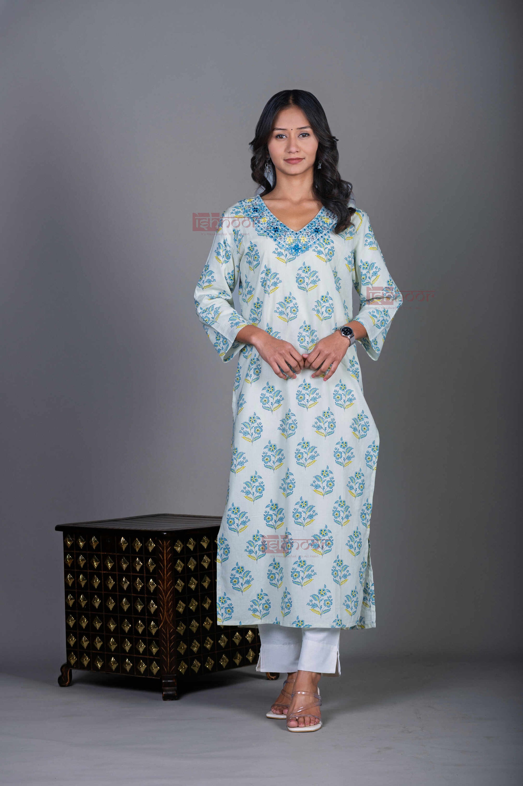 Saanjh Cotton Hand Printed Straight Kurti With Handwork 2 - off-white