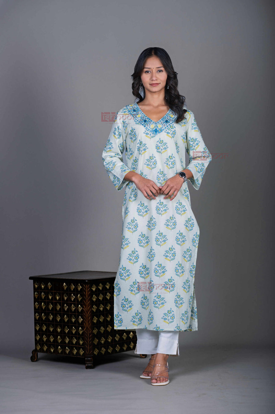 Saanjh Cotton Hand Printed Straight Kurti With Handwork 2 - off-white