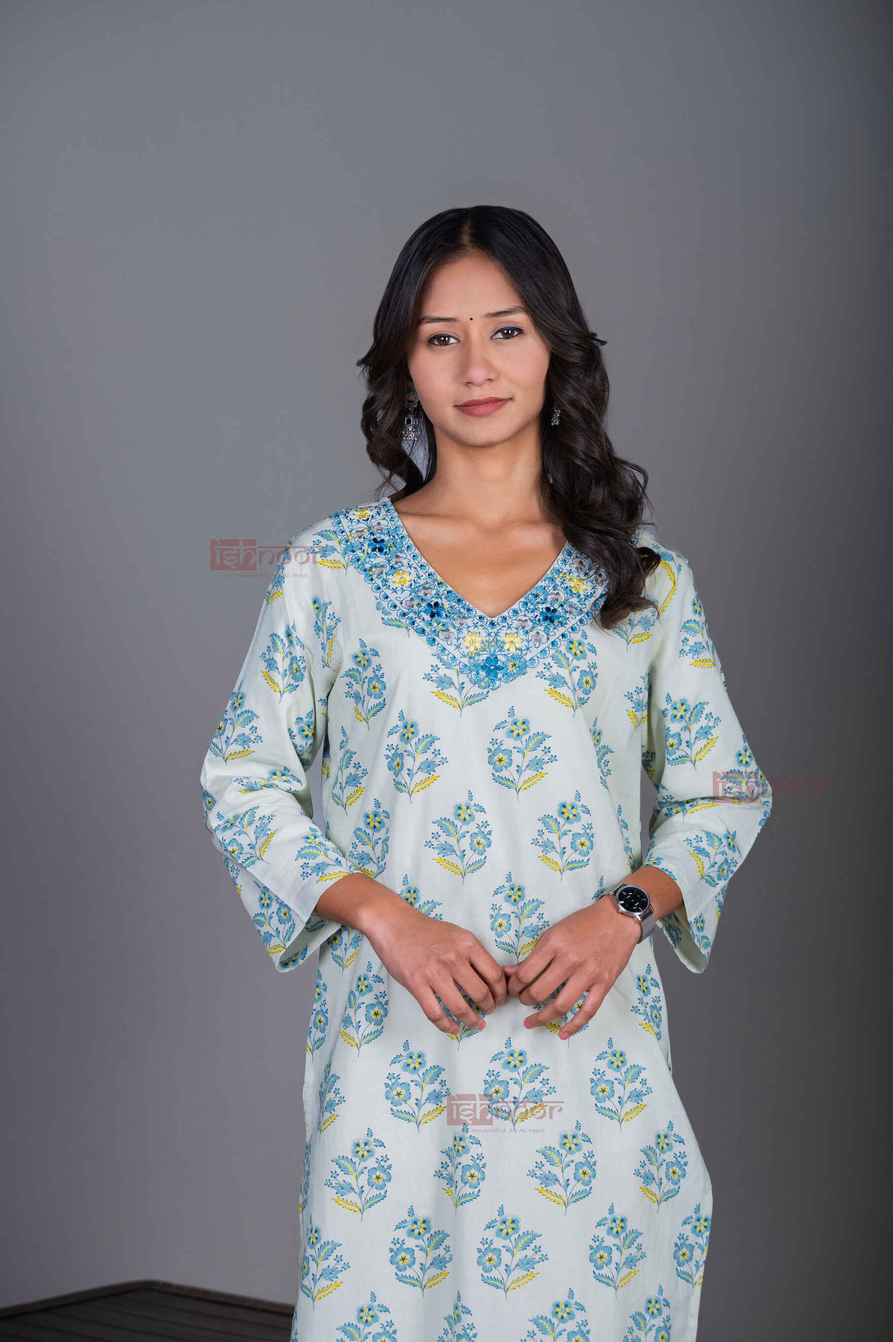 Saanjh Cotton Hand Printed Straight Kurti With Handwork 2 - off-white