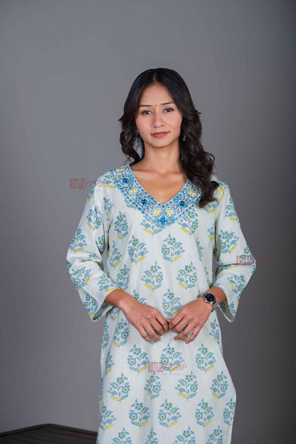 Saanjh Cotton Hand Printed Straight Kurti With Handwork 2 - off-white