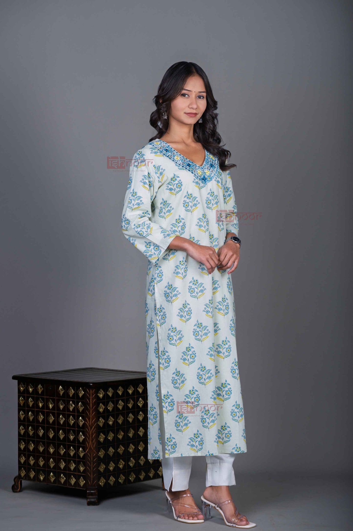 Saanjh Cotton Hand Printed Straight Kurti With Handwork 2 - off-white
