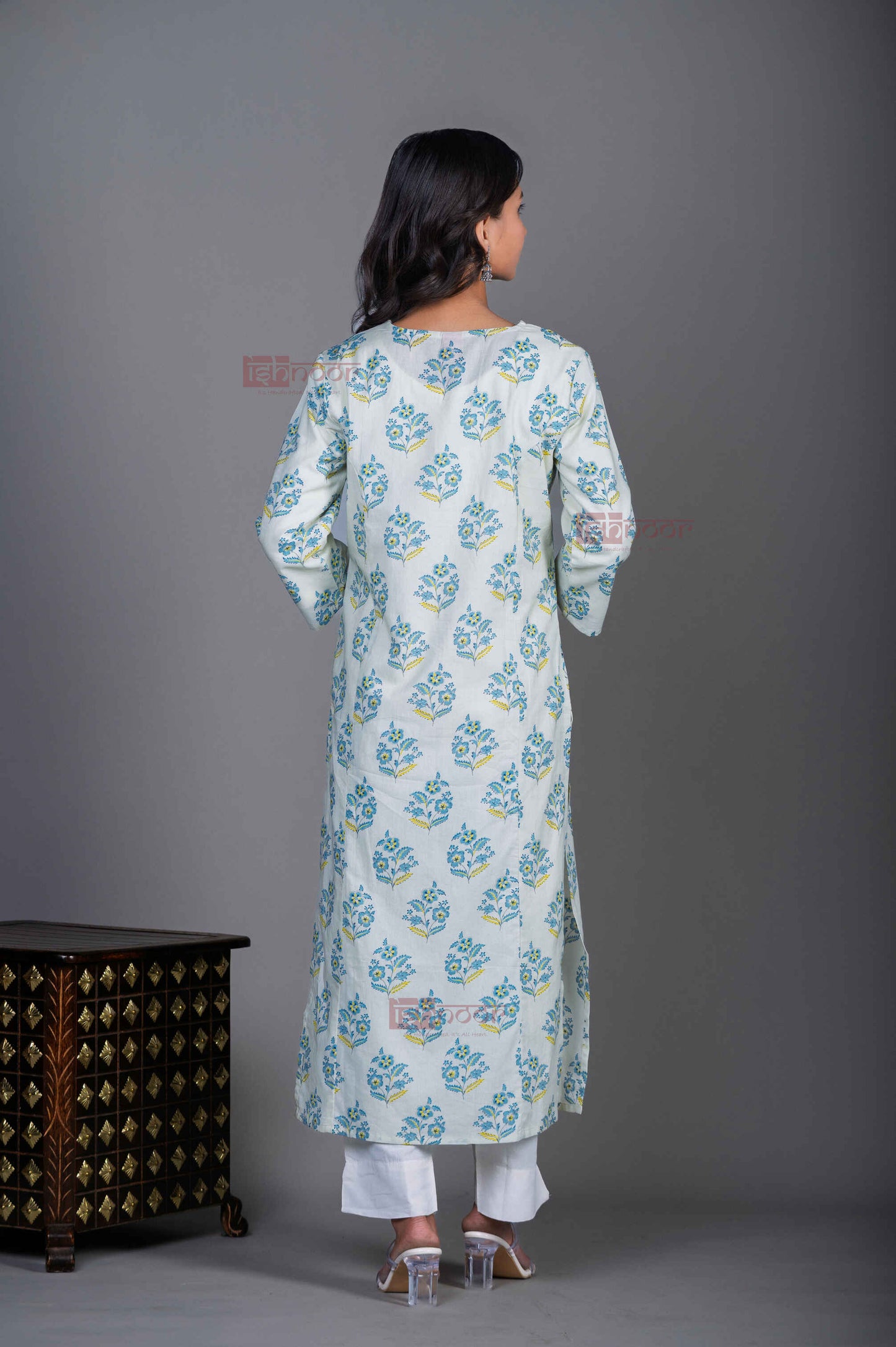 Saanjh Cotton Hand Printed Straight Kurti With Handwork 2 - off-white