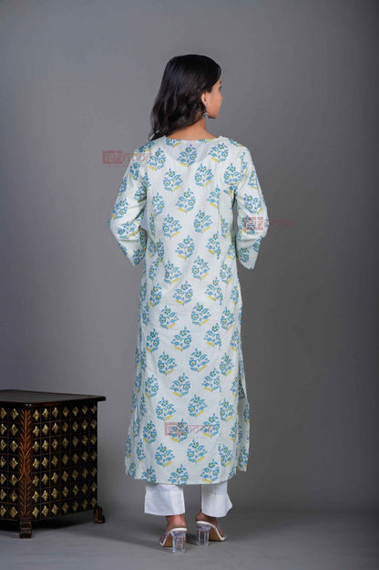 Saanjh Cotton Hand Printed Straight Kurti With Handwork 2 - off-white