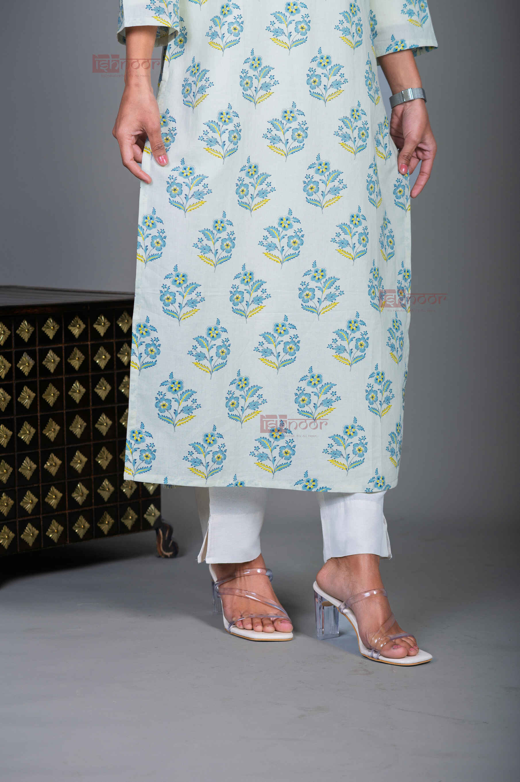 Saanjh Cotton Hand Printed Straight Kurti With Handwork 2 - off-white