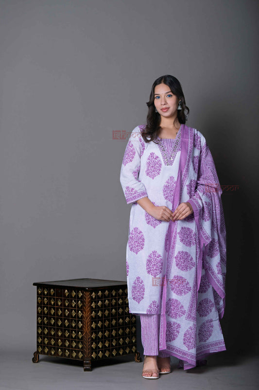 Saanjh Hand Printed Cotton 3 Piece Stitched Suit Set with Dupatta 2 - blush-pink