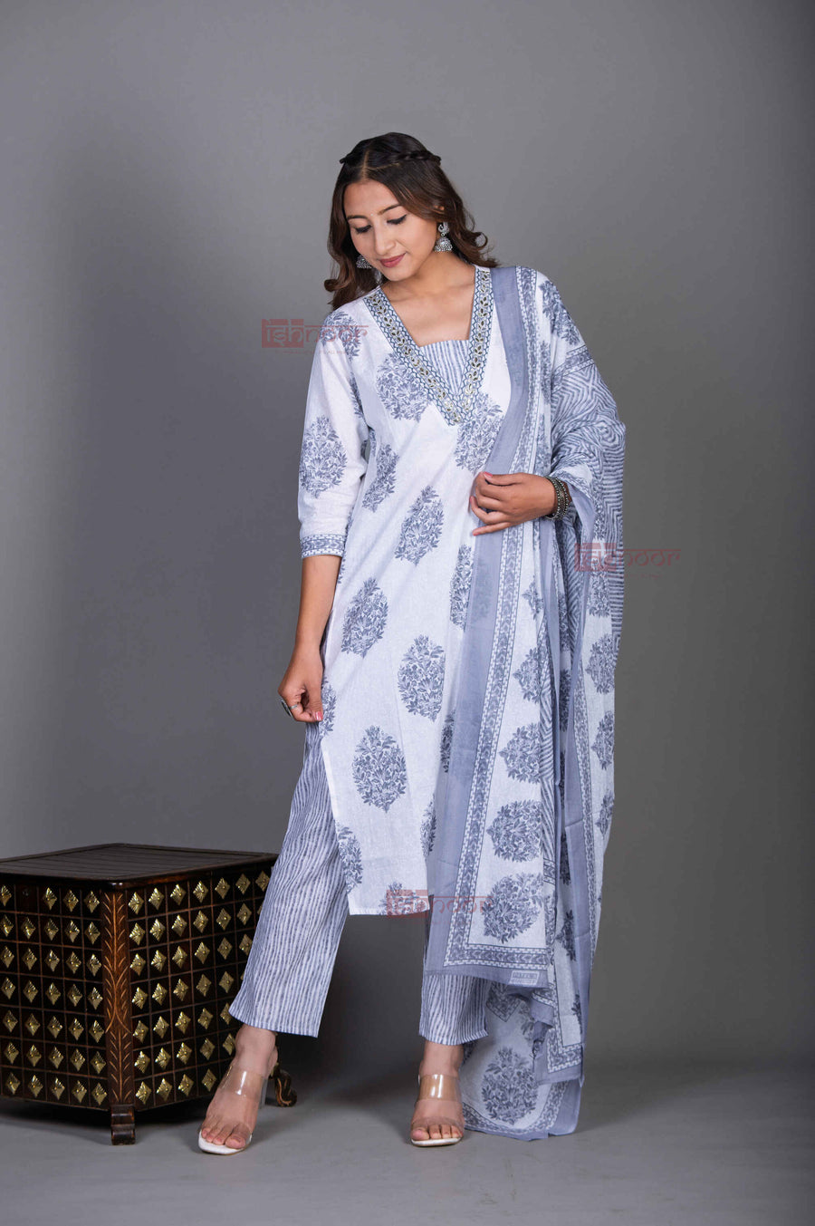 Saanjh Hand Printed Cotton 3 Piece Stitched Suit Set with Dupatta 2 - black