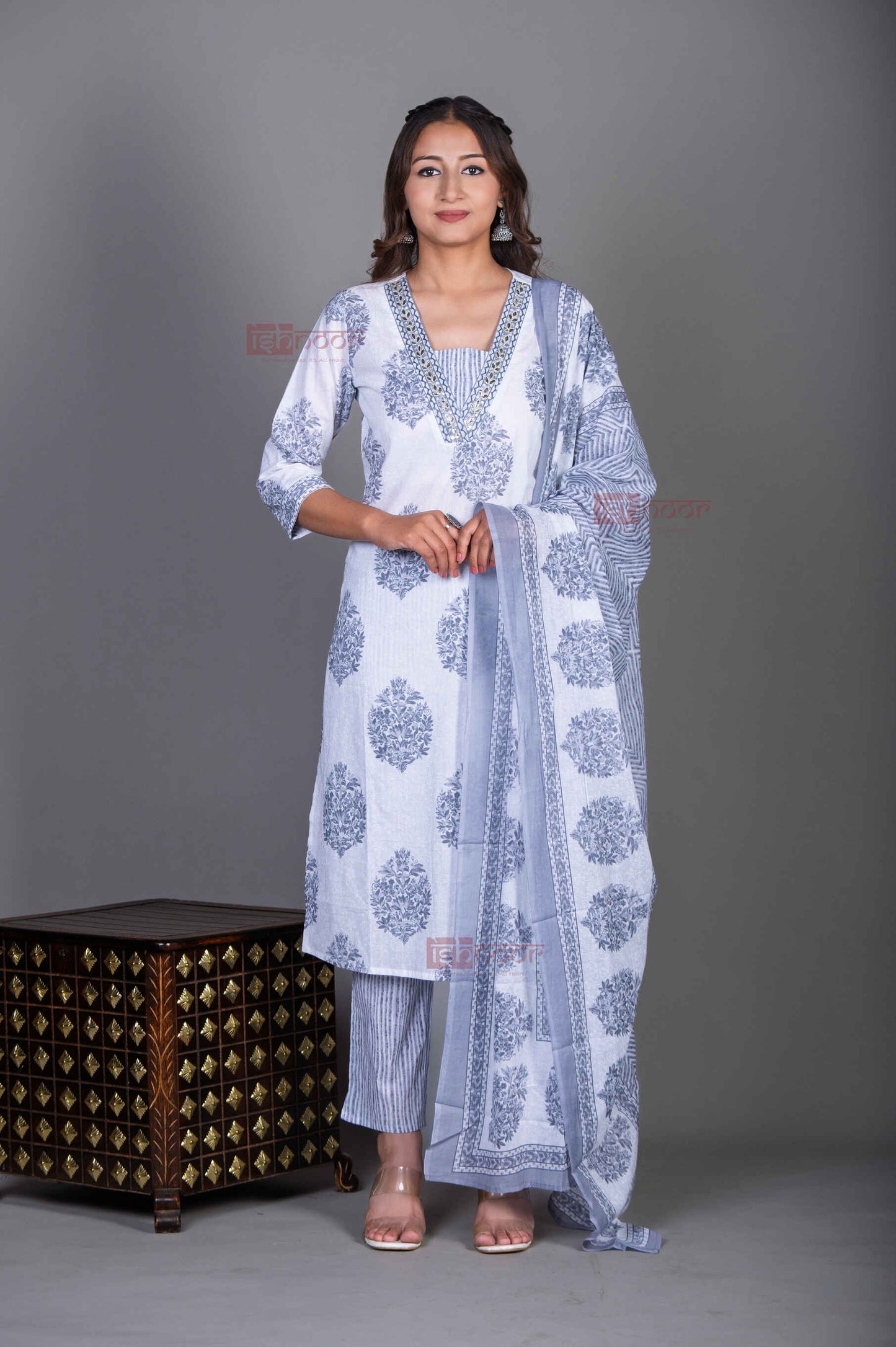 Saanjh Hand Printed Cotton 3 Piece Stitched Suit Set with Dupatta 2 - black