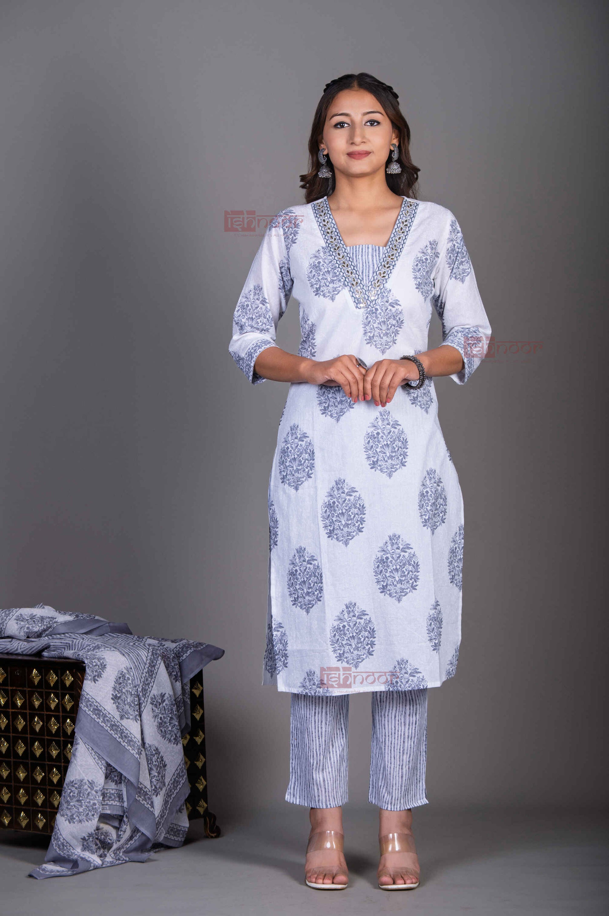 Saanjh Hand Printed Cotton 3 Piece Stitched Suit Set with Dupatta 2 - black