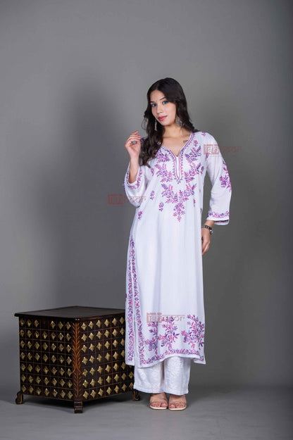 Aayat Rayon Straight Multi Color Chikankari Kurti - white