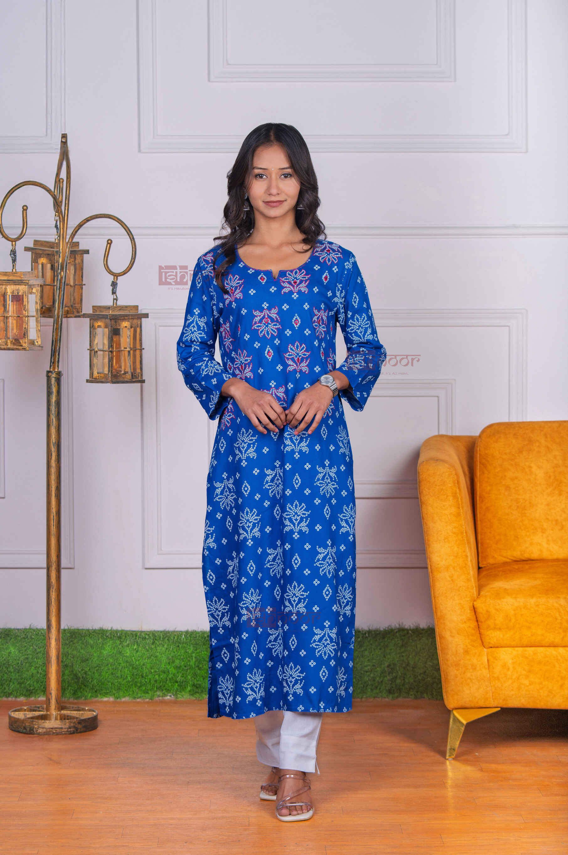Saanjh Cotton Hand Printed Straight Kurti With Mirror Work - midnight-blue