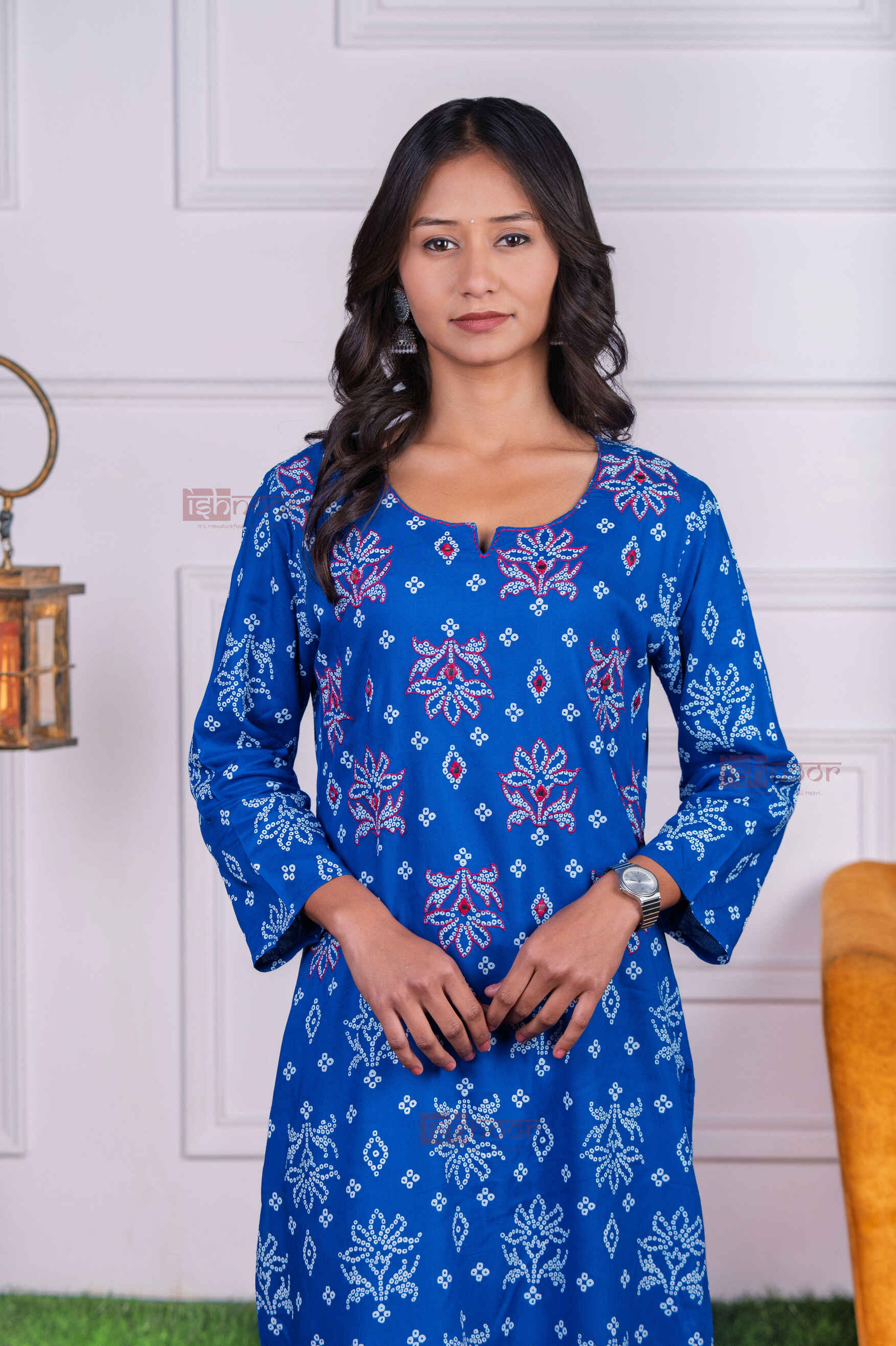 Saanjh Cotton Hand Printed Straight Kurti With Mirror Work - midnight-blue