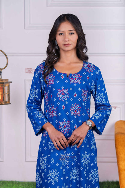 Saanjh Cotton Hand Printed Straight Kurti With Mirror Work - midnight-blue
