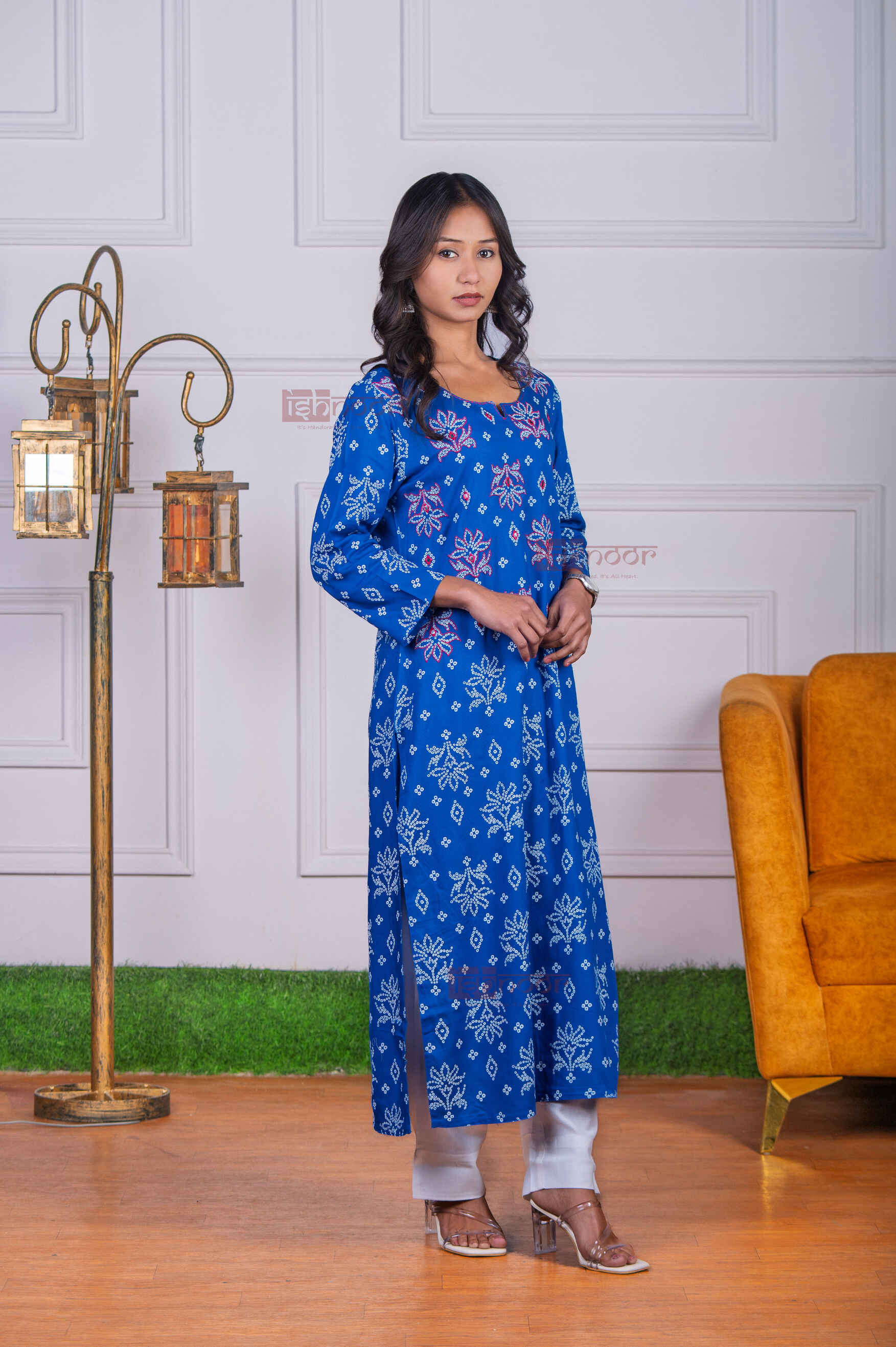 Saanjh Cotton Hand Printed Straight Kurti With Mirror Work - midnight-blue