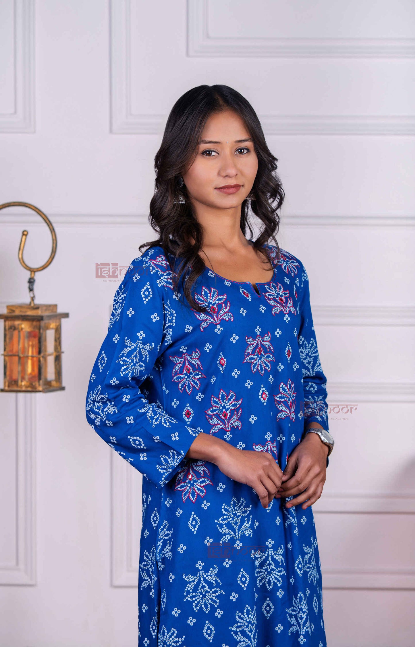 Saanjh Cotton Hand Printed Straight Kurti With Mirror Work - midnight-blue