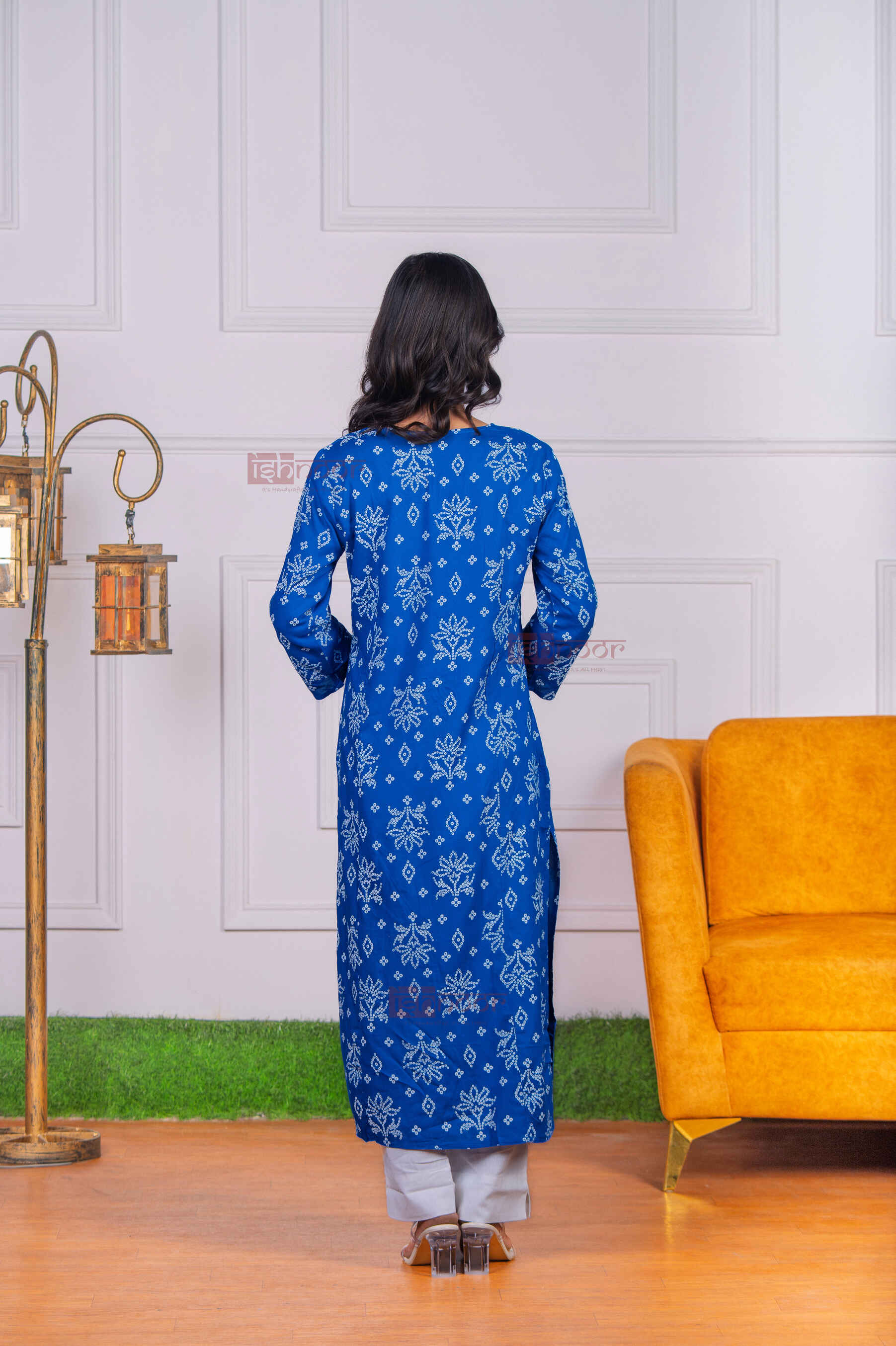 Saanjh Cotton Hand Printed Straight Kurti With Mirror Work - midnight-blue