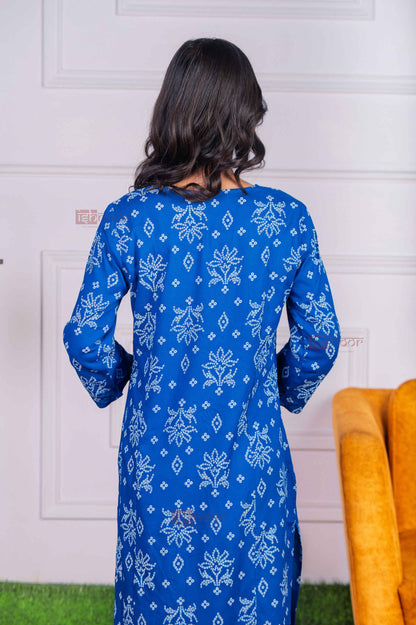 Saanjh Cotton Hand Printed Straight Kurti With Mirror Work - midnight-blue