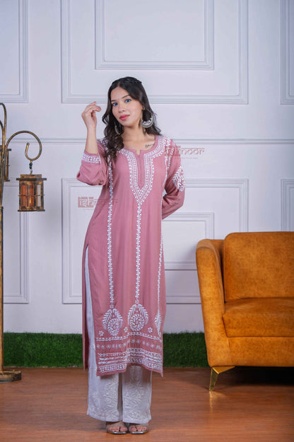 Aayat Modal Straight Chikankari Kurti 3 - dusty-rose