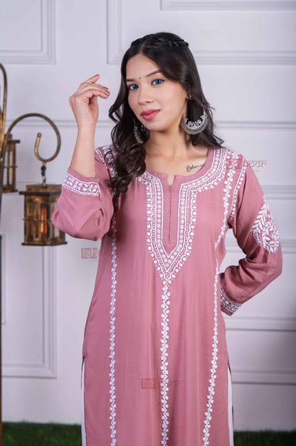 Aayat Modal Straight Chikankari Kurti 3 - dusty-rose