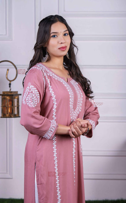 Aayat Modal Straight Chikankari Kurti 3 - dusty-rose