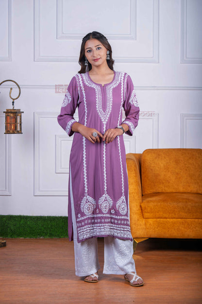Aayat Modal Straight Chikankari Kurti 3 - orchid-purple