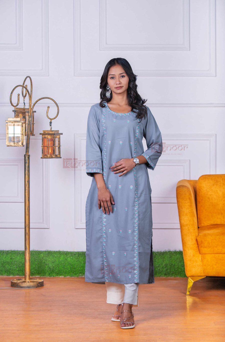Saanjh Cotton Straight Kurti - slate-blue