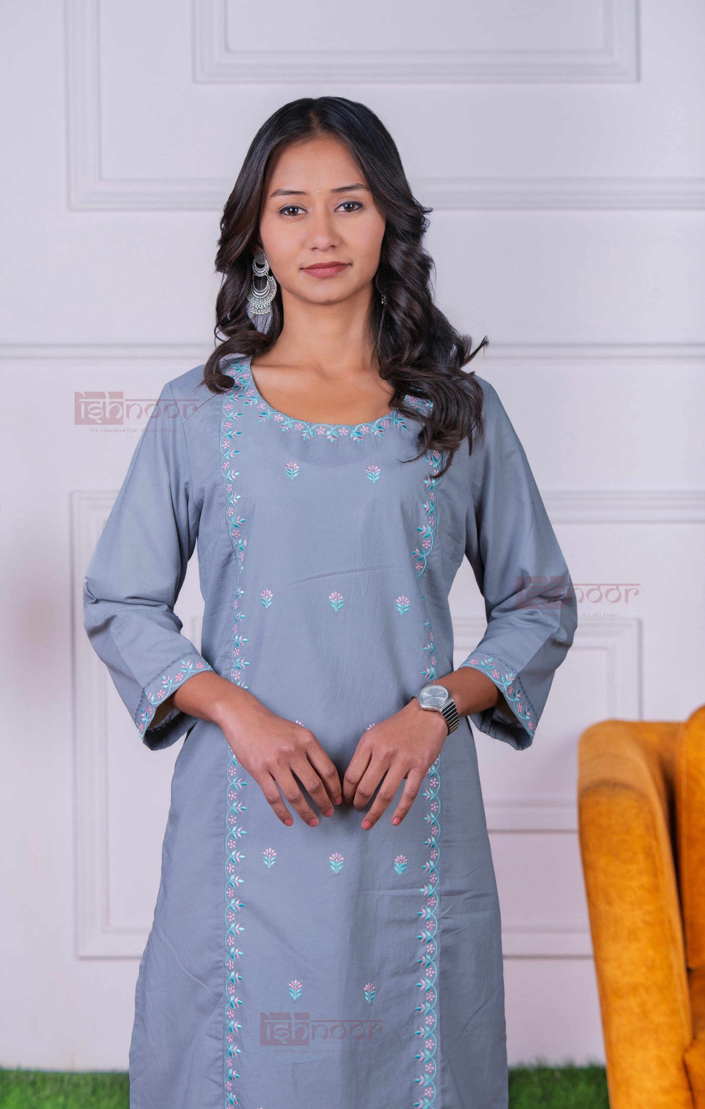 Saanjh Cotton Straight Kurti - slate-blue