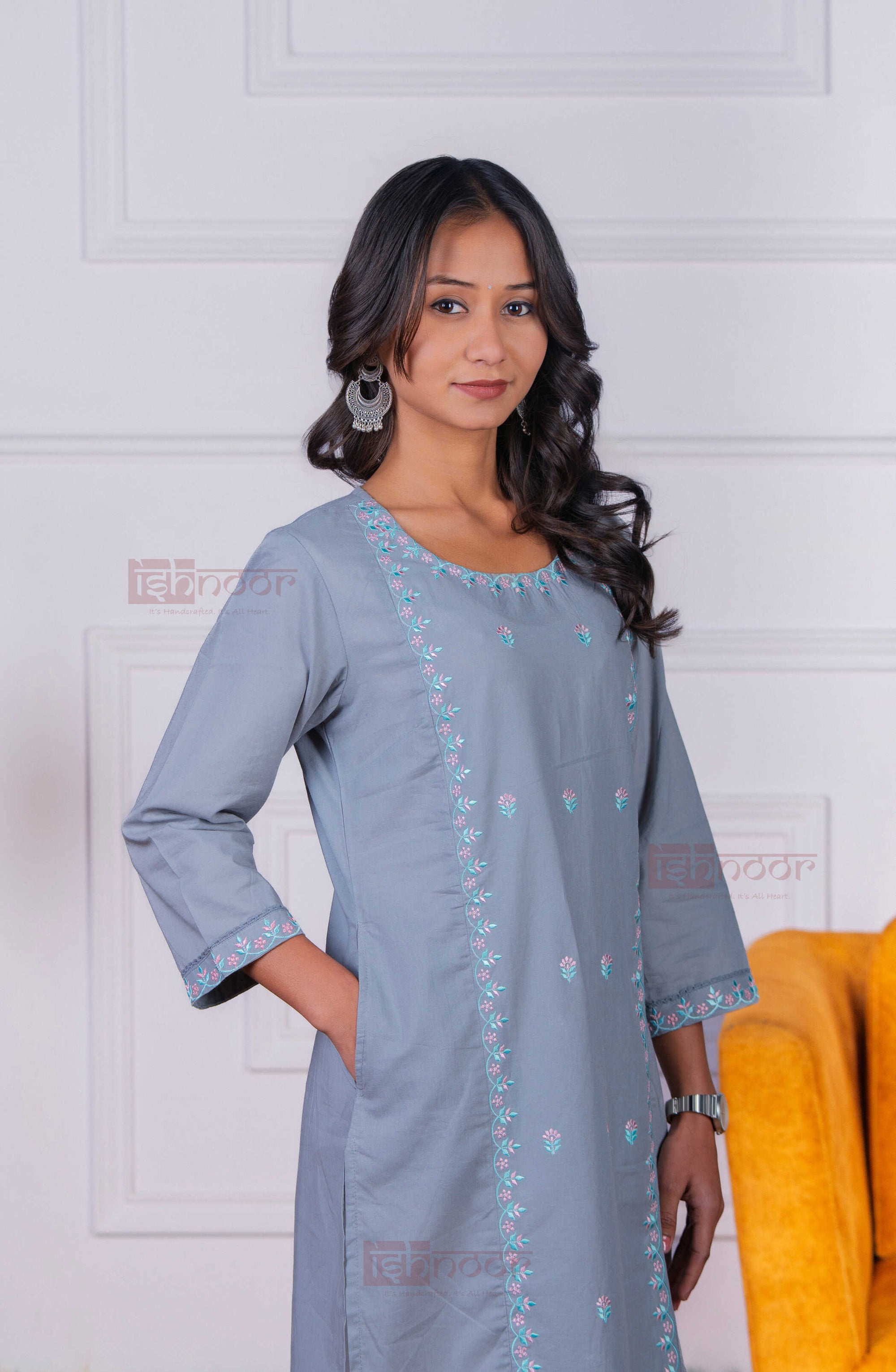 Saanjh Cotton Straight Kurti - slate-blue
