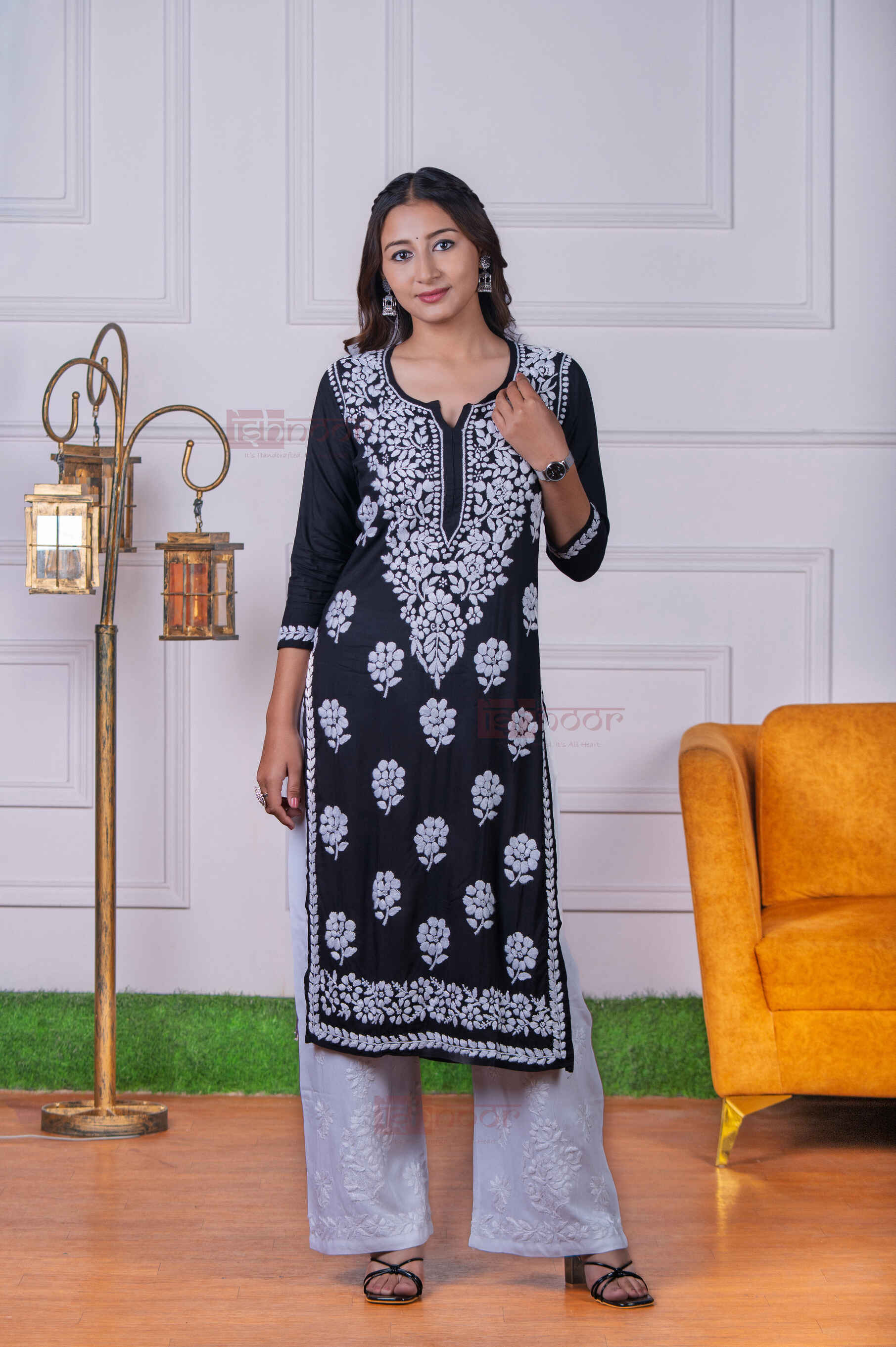 Aayat Modal Straight Chikankari Kurti 2 - black