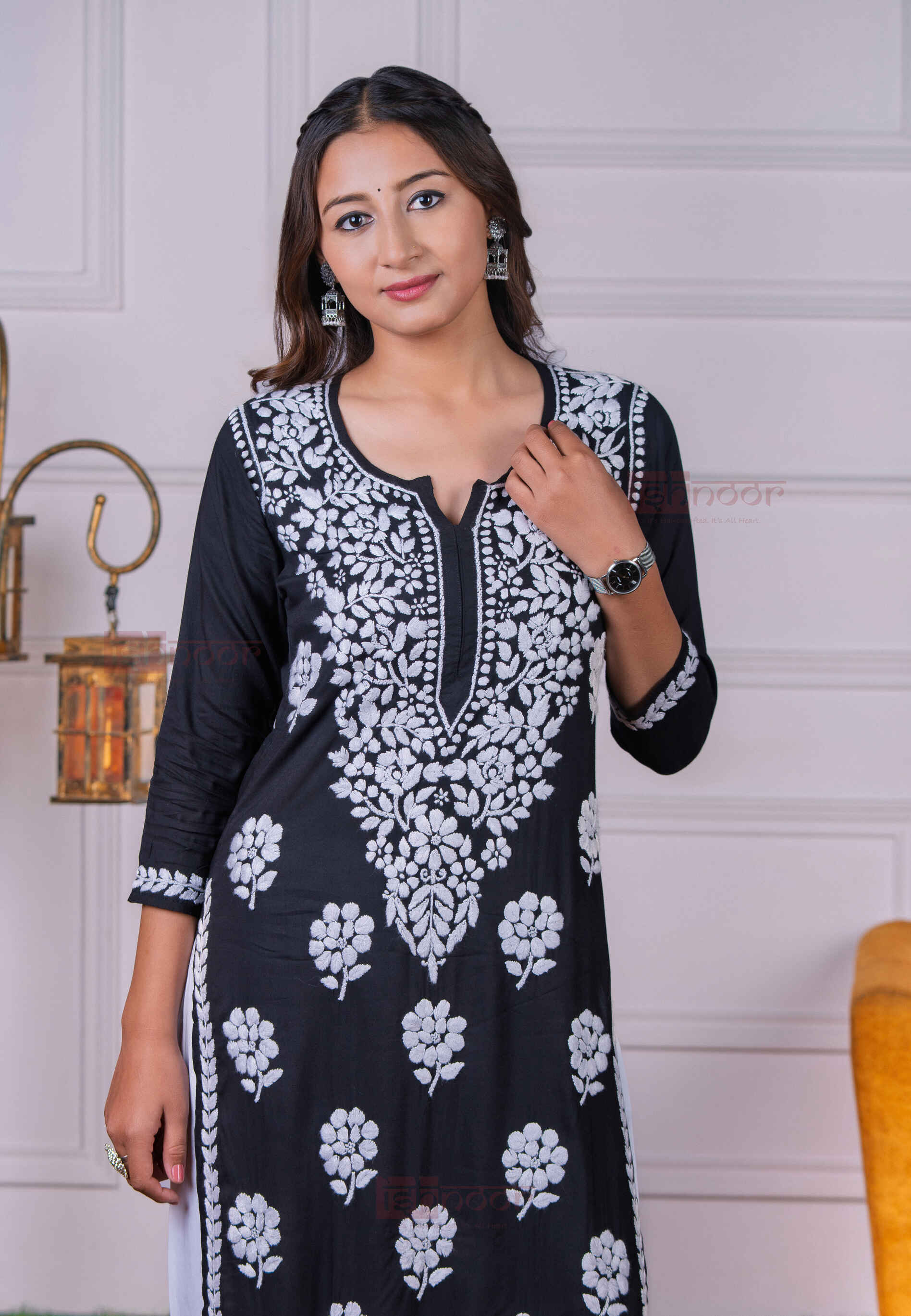 Aayat Modal Straight Chikankari Kurti 2 - black
