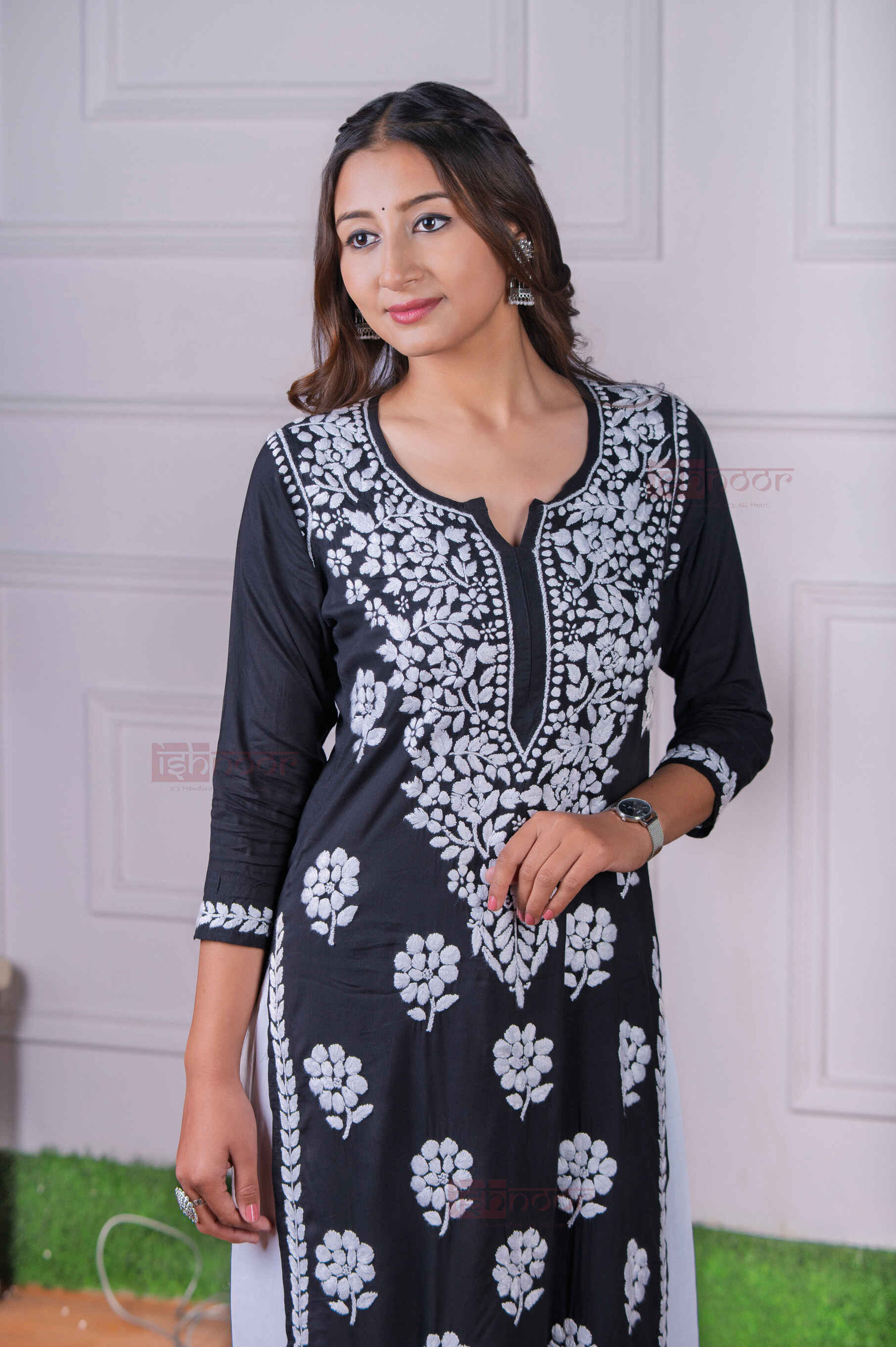 Aayat Modal Straight Chikankari Kurti 2 - black