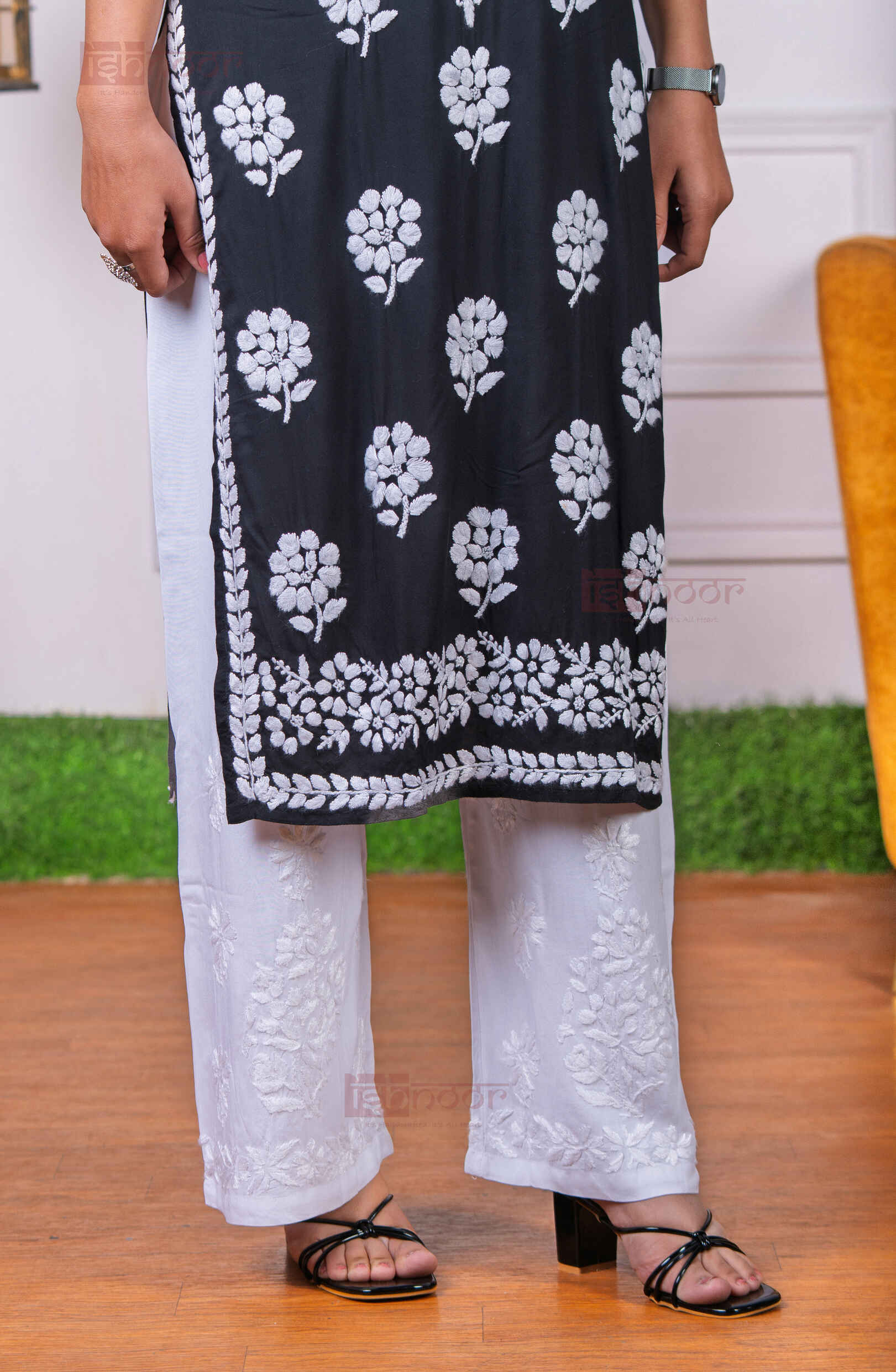 Aayat Modal Straight Chikankari Kurti 2 - black