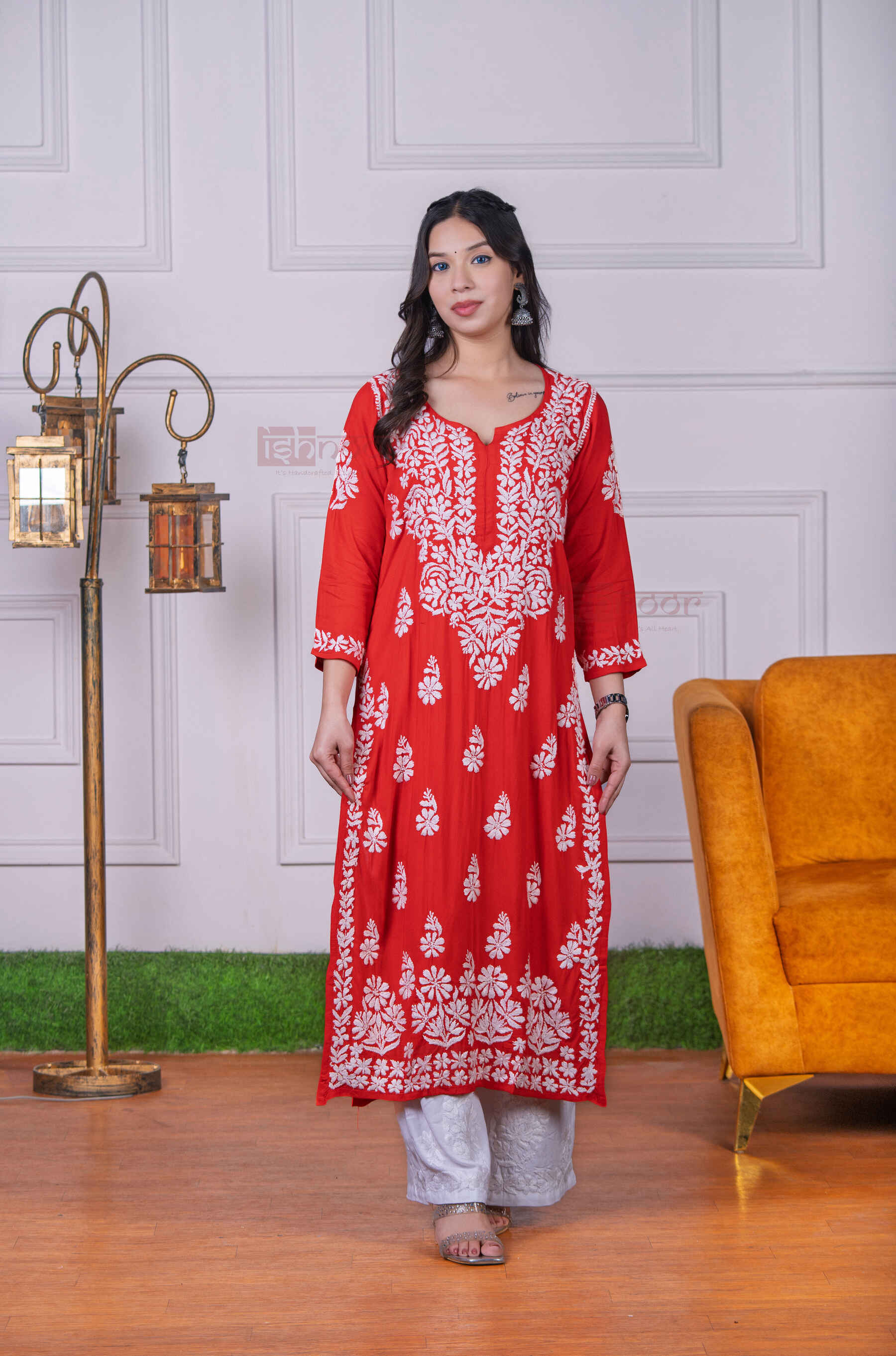 Aayat Modal Straight Chikankari Kurti - bright-red