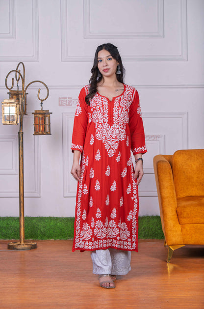 Aayat Modal Straight Chikankari Kurti - bright-red