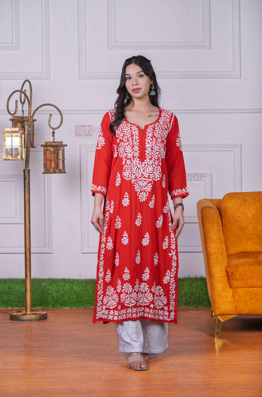 Aayat Modal Straight Chikankari Kurti - bright-red