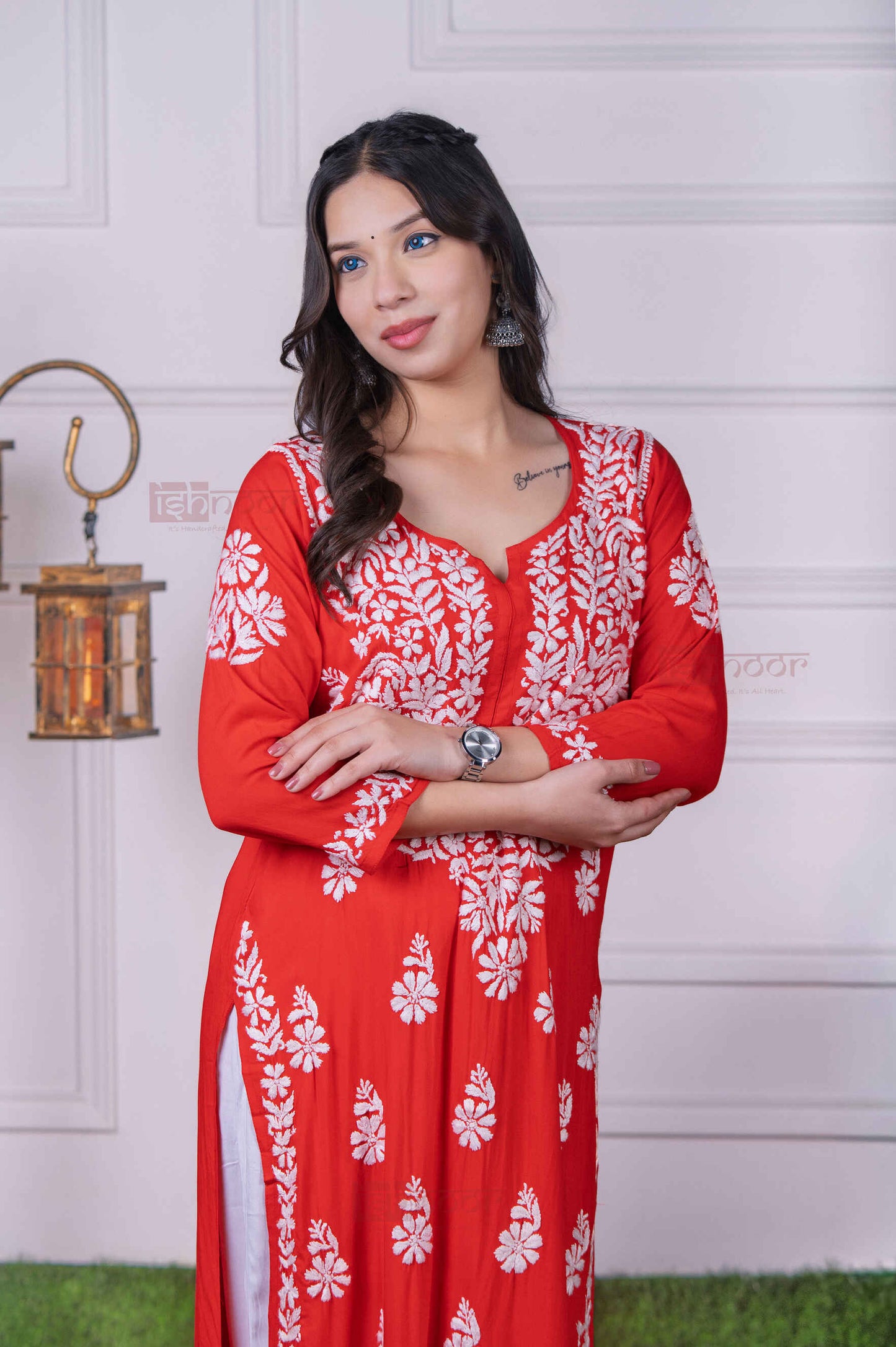 Aayat Modal Straight Chikankari Kurti - bright-red