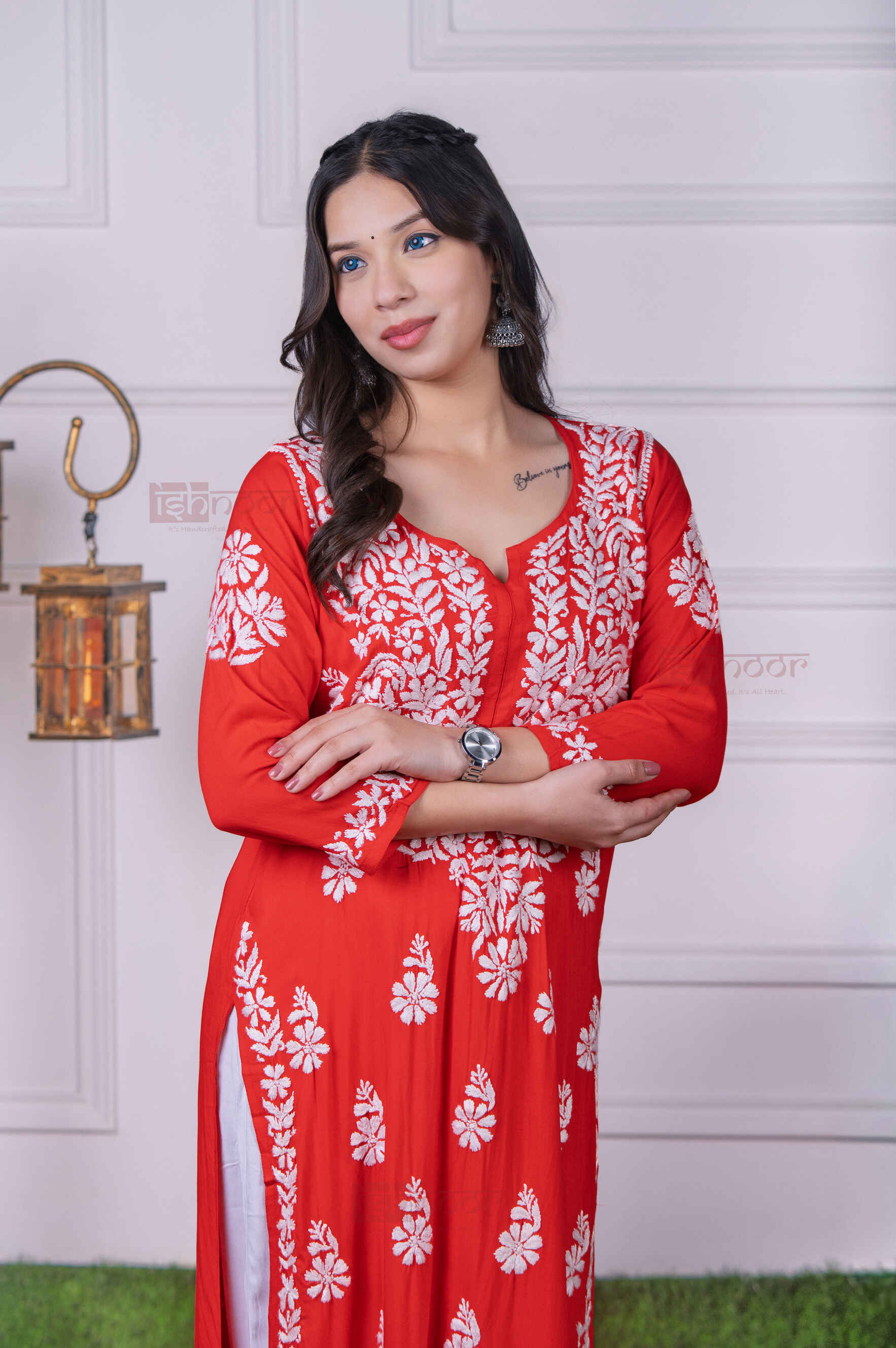 Aayat Modal Straight Chikankari Kurti - bright-red