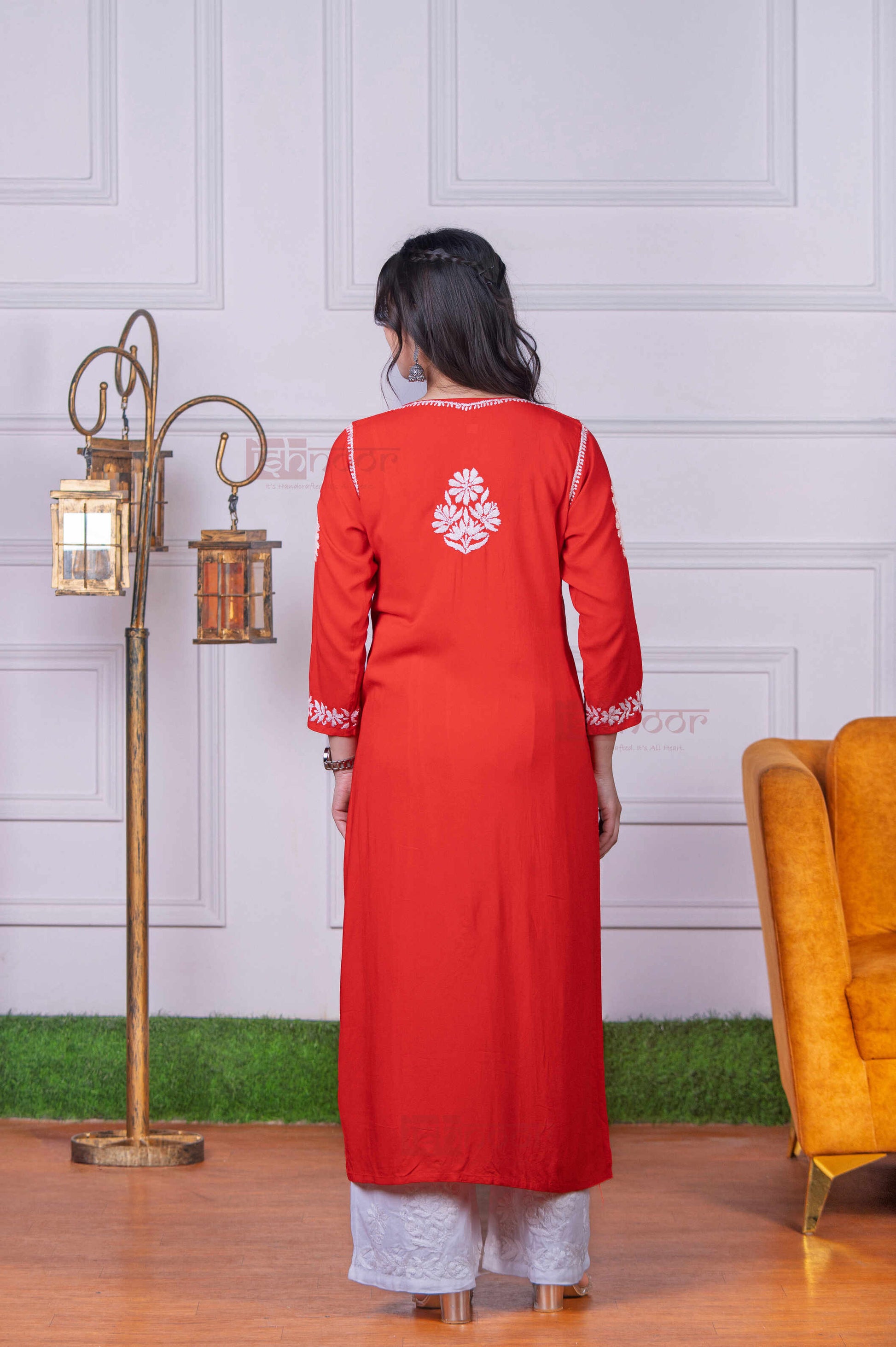 Aayat Modal Straight Chikankari Kurti - bright-red