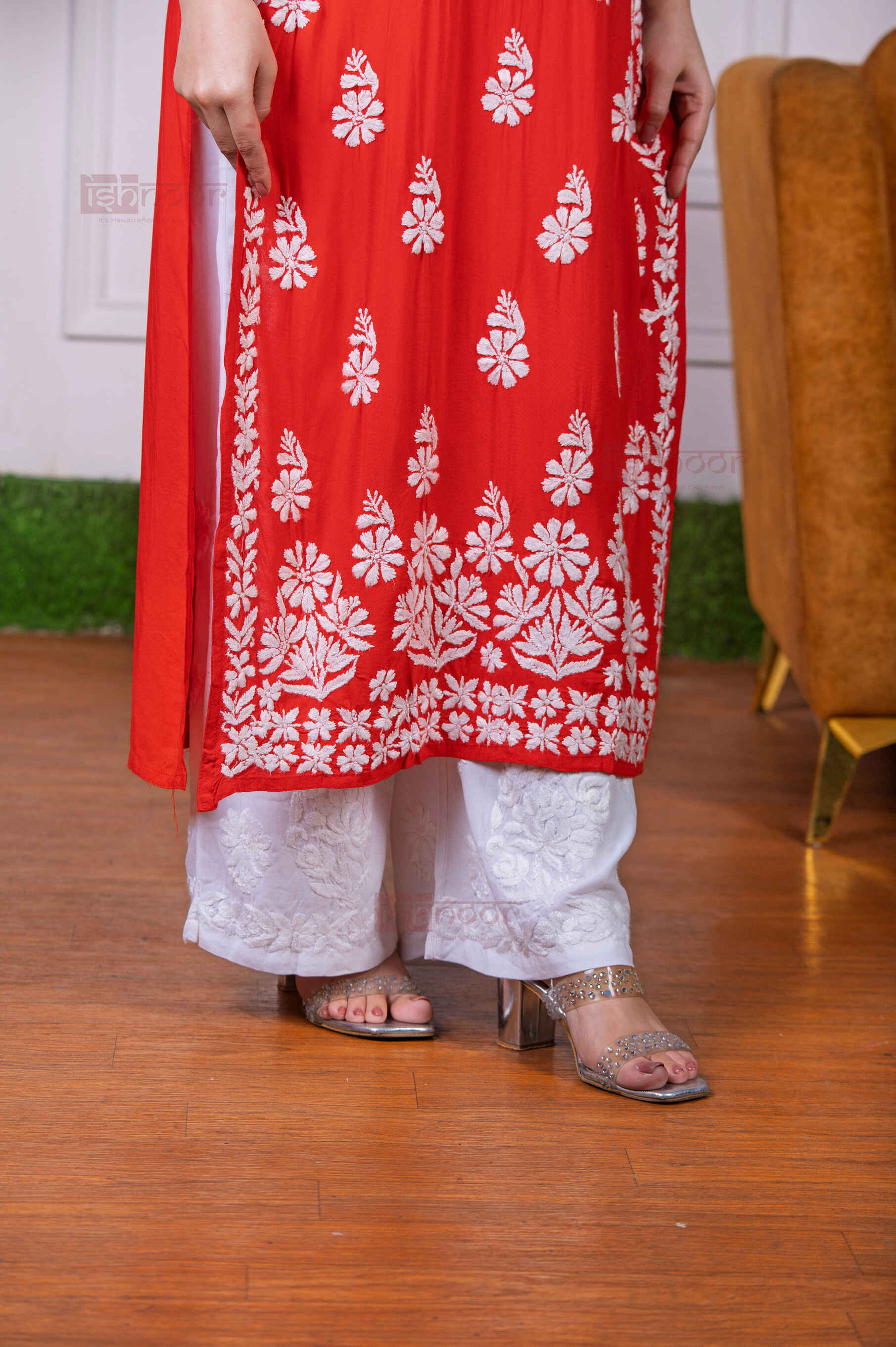 Aayat Modal Straight Chikankari Kurti - bright-red