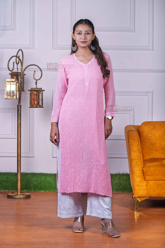 Aayat Premium Viscose Straight Chikankari Kurti - blush-pink