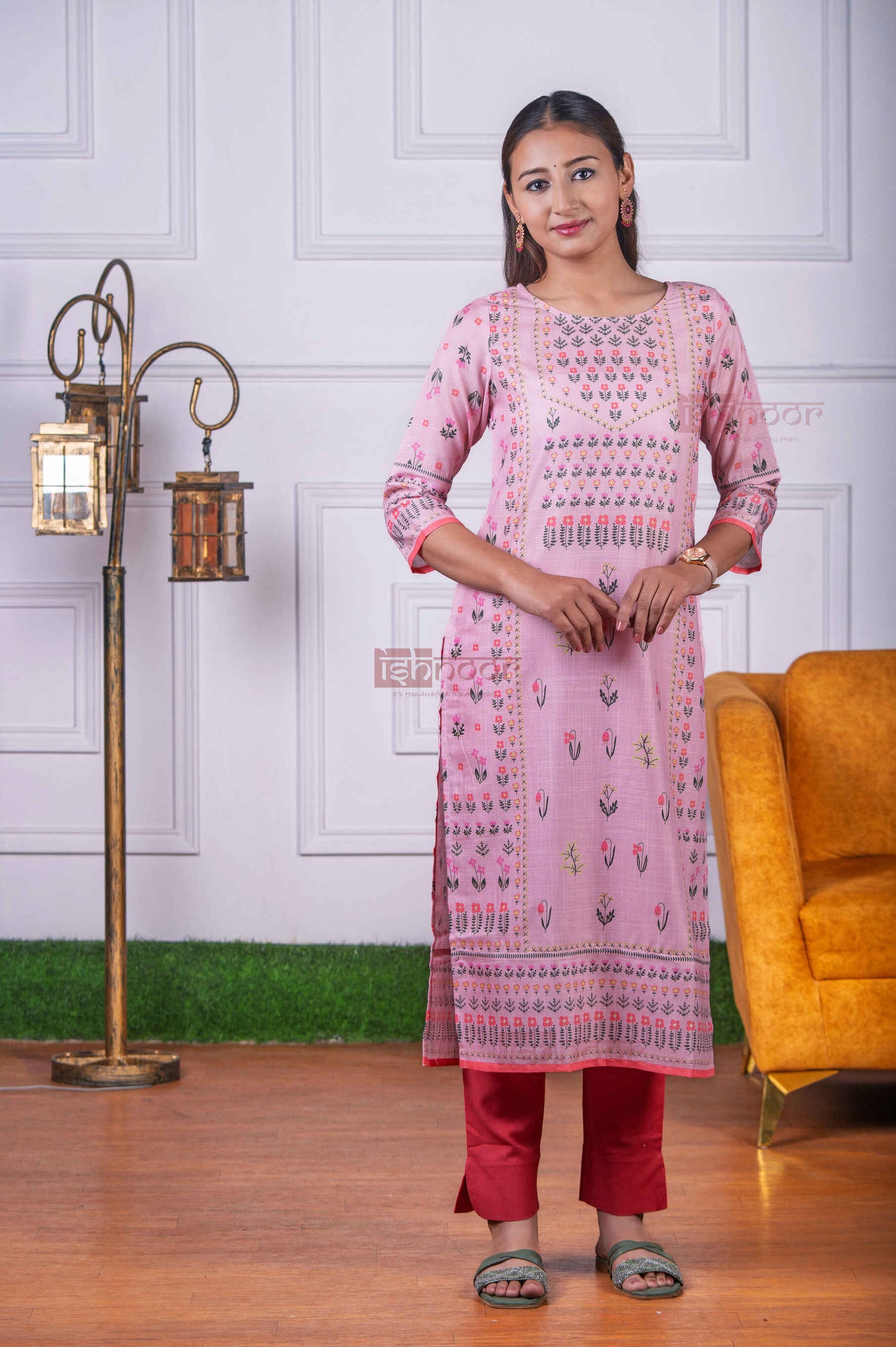 Saanjh Hand Printed Cotton Kurti with Pant - blush-pink
